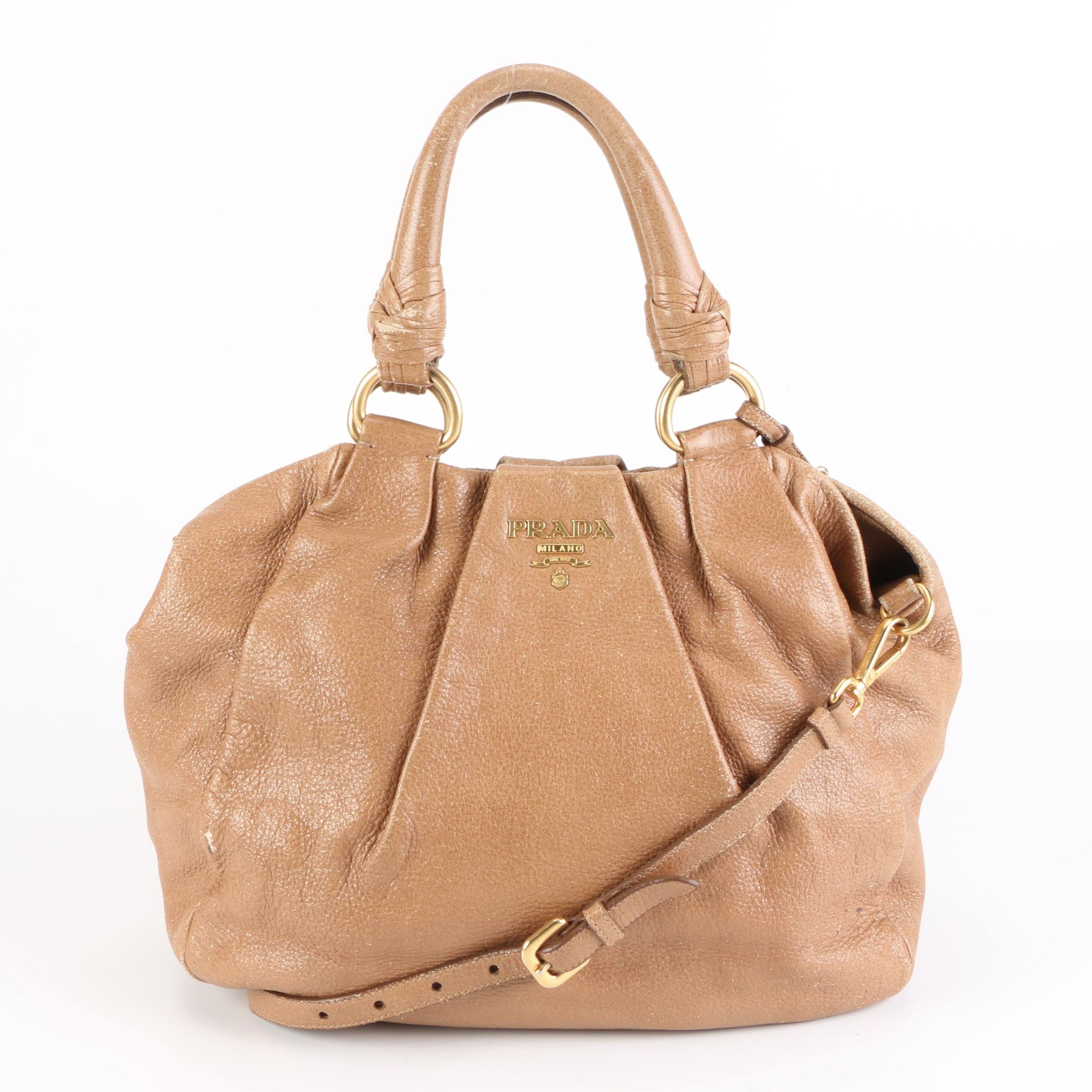 Prada Handbag in Dark Camel Cervo Lux with Detachable Shoulder Strap
