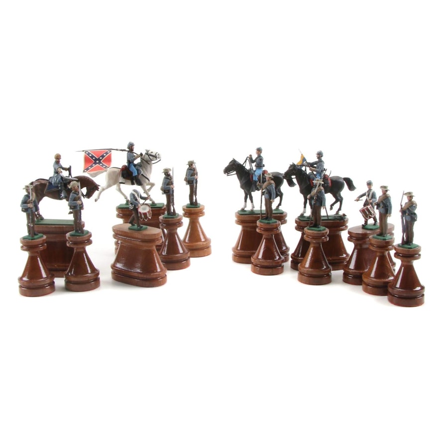 American Civil War Themed Painted Cast Metal Figurines on Wooden Stands