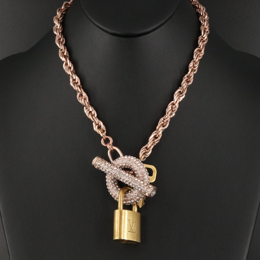 Louis Vuitton Lock and Key on a Singapore Chain with Rhinestone Clasp