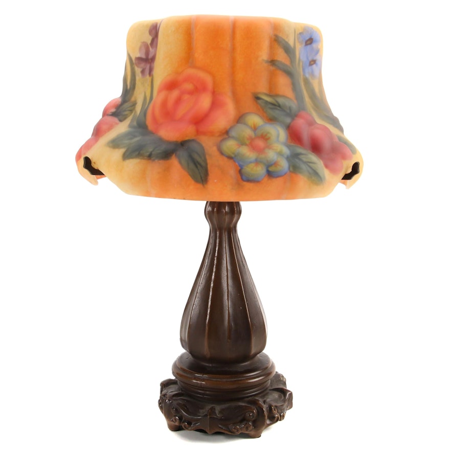 Art Nouveau Style Table Lamp with Reverse Painted Glass Shade