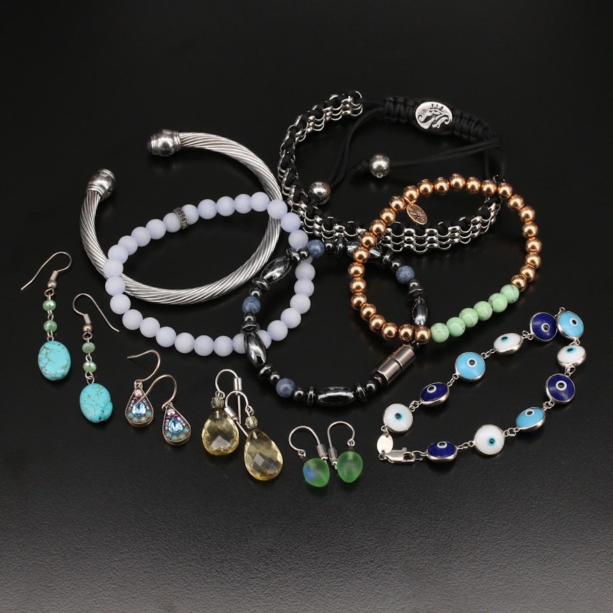 Sterling Beaded and Cable Bracelets with Drop Earrings