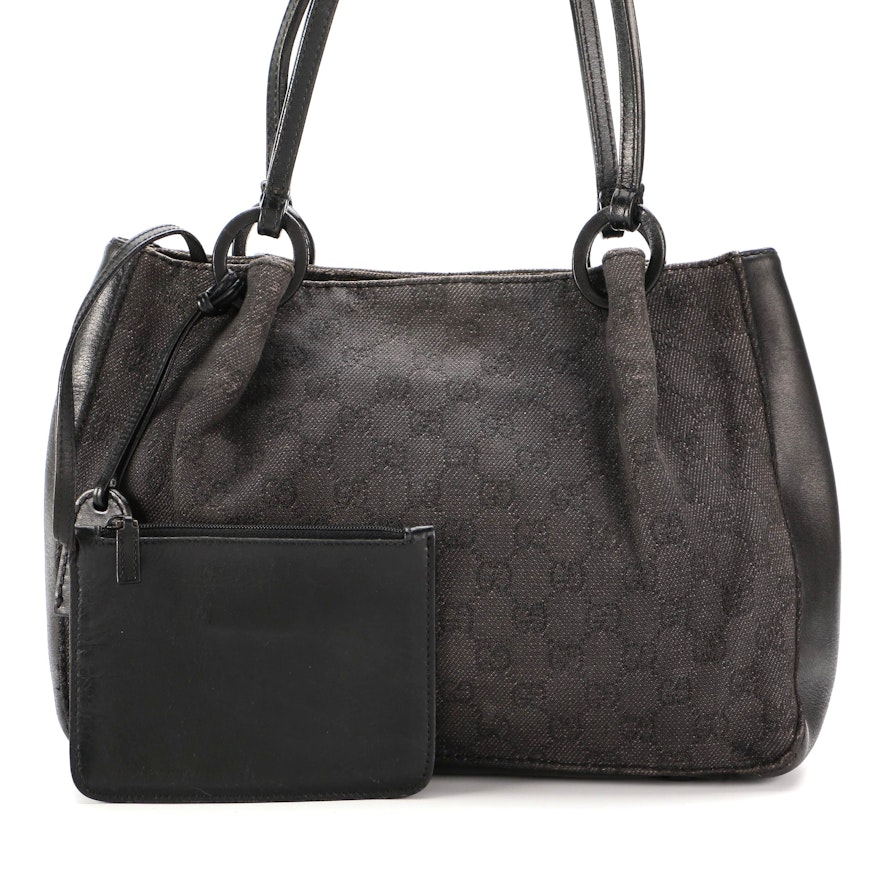 Gucci Shoulder Bag in Black GG Canvas with Leather Trim and Pochette