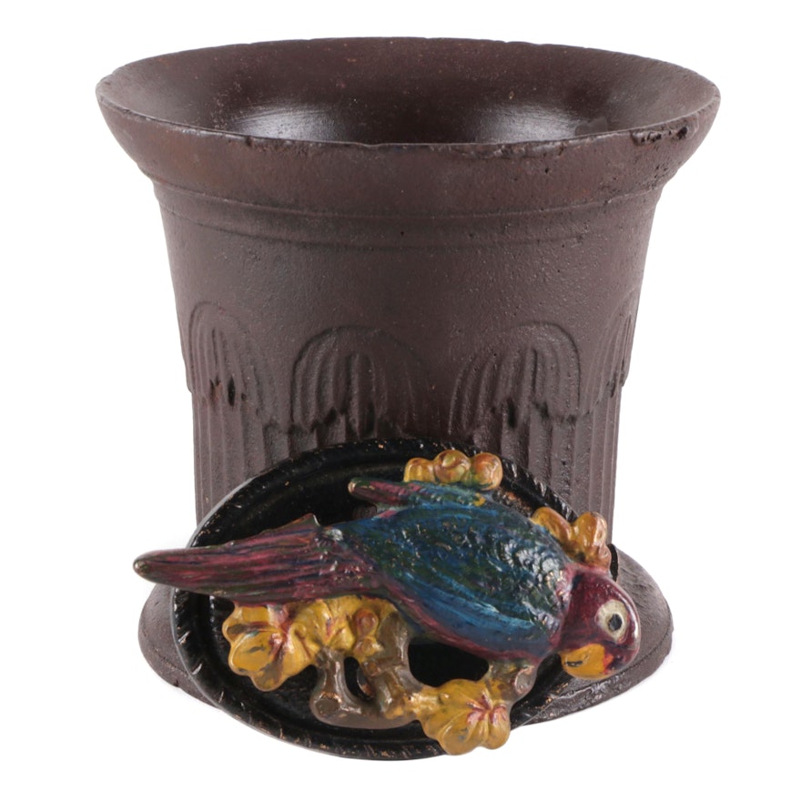 Art Deco Style Cast Iron Planter and Painted Cast Iron Parrot Door Knocker