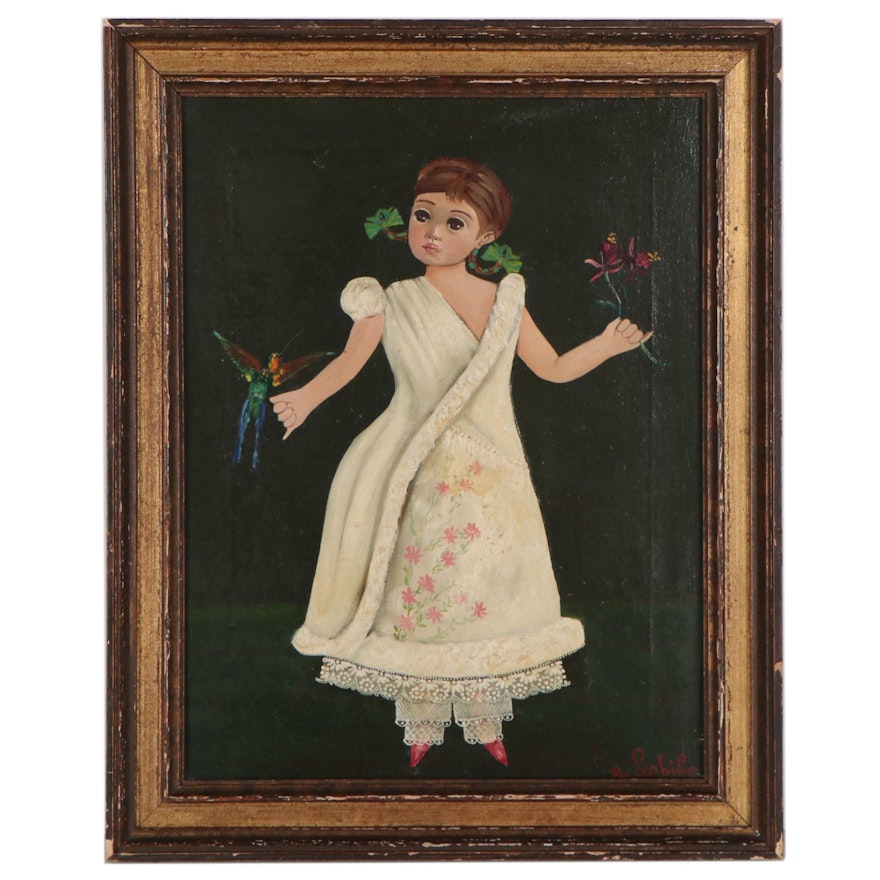 Agapito Labios Folk Art Oil Painting of Young Girl with Bird, Mid-20th Century