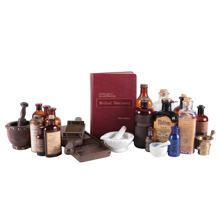 Apothecary Bottles, Pill Maker, Mortars and Pestles, and Medical Dictionary