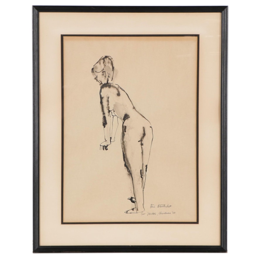 Ink and Watercolor Drawing of Nude, Circa 1960