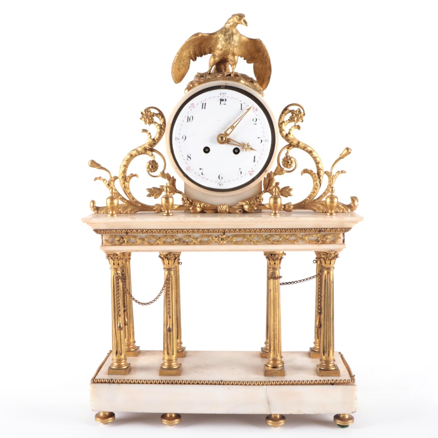 French White Marble and Brass Mantel Clock, Late 19th Century