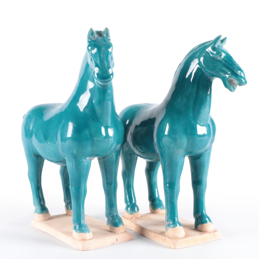 Pair of Chinese Tang Style Glazed Earthenware Horses