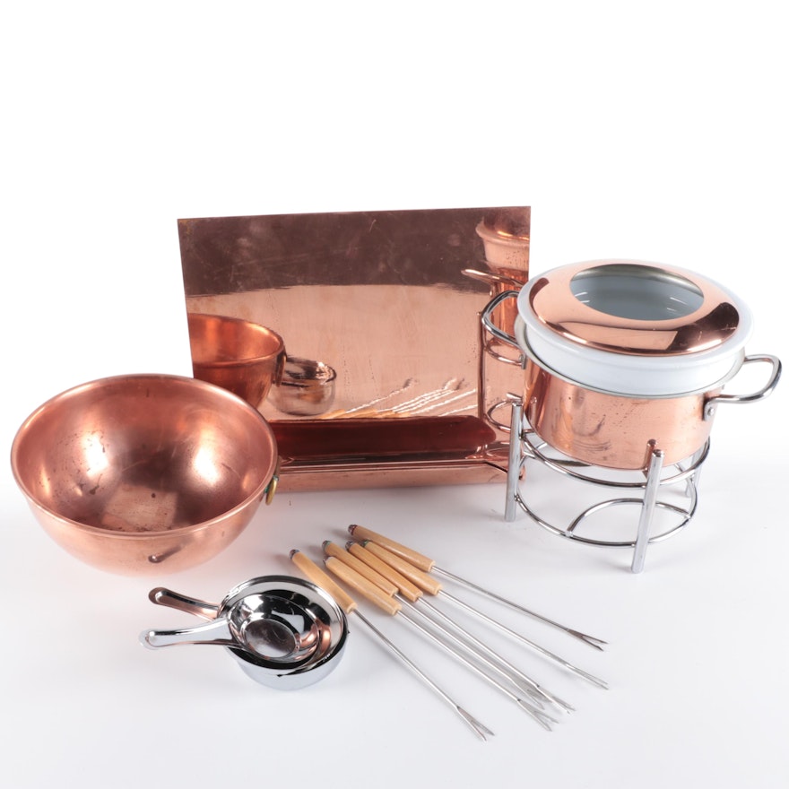 Ballard Designs Copper Book Stands, Copper Bowl and Williams-Sonoma Fondue Set