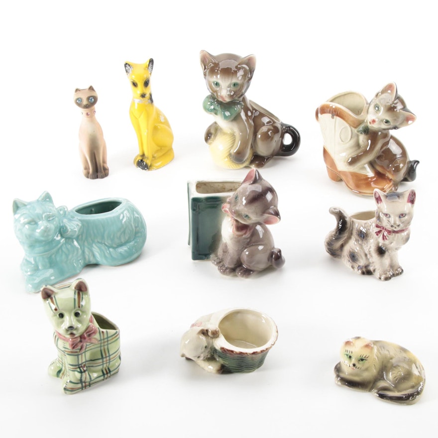 Cat-Shaped Ceramic and Chalkware Planters and Figurines, Mid-20th Century