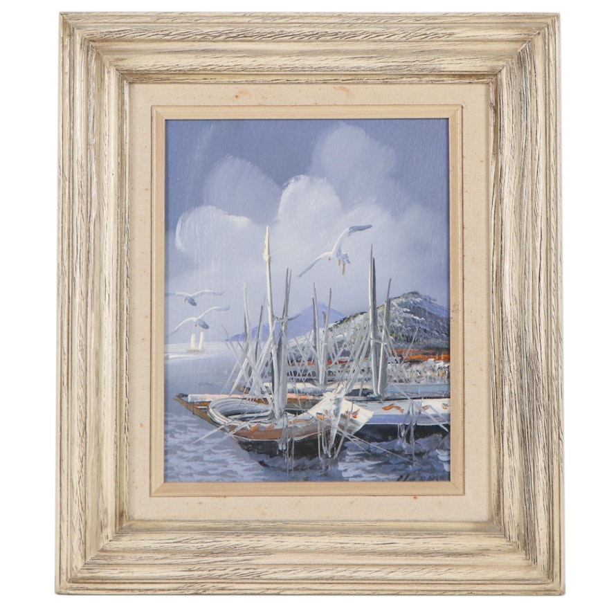 Harbor Scene Oil Painting, Circa 2000