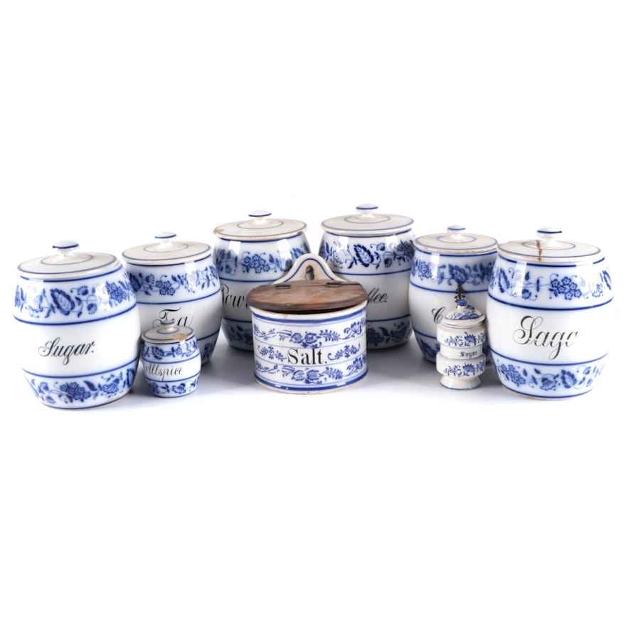 Lewis Straus & Sons and Other German Blue Onion Style Ceramic Containers