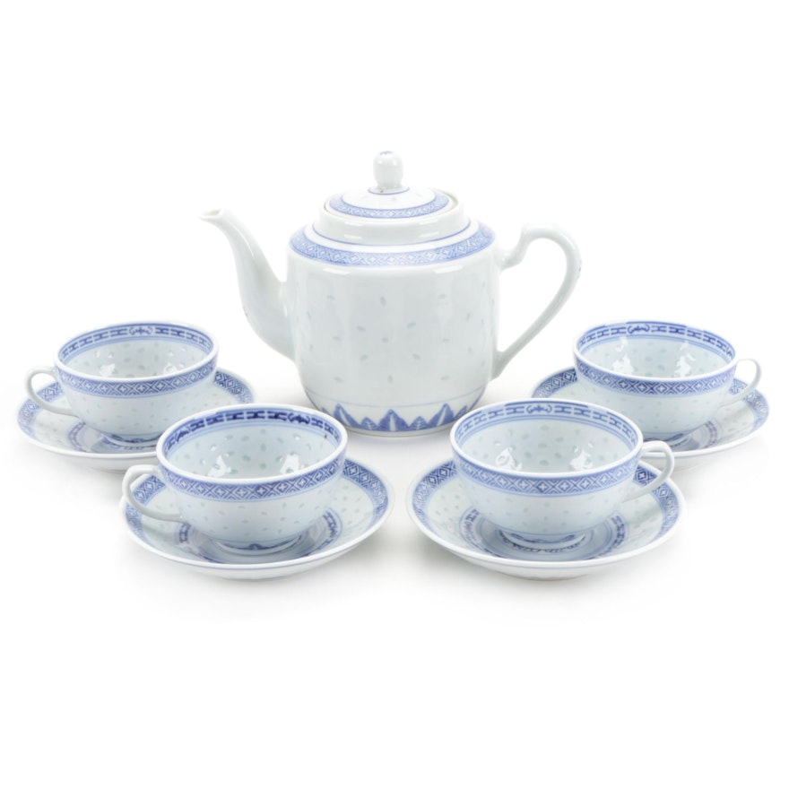 Chinese Blue and White Porcelain Rice Grain Tea Set