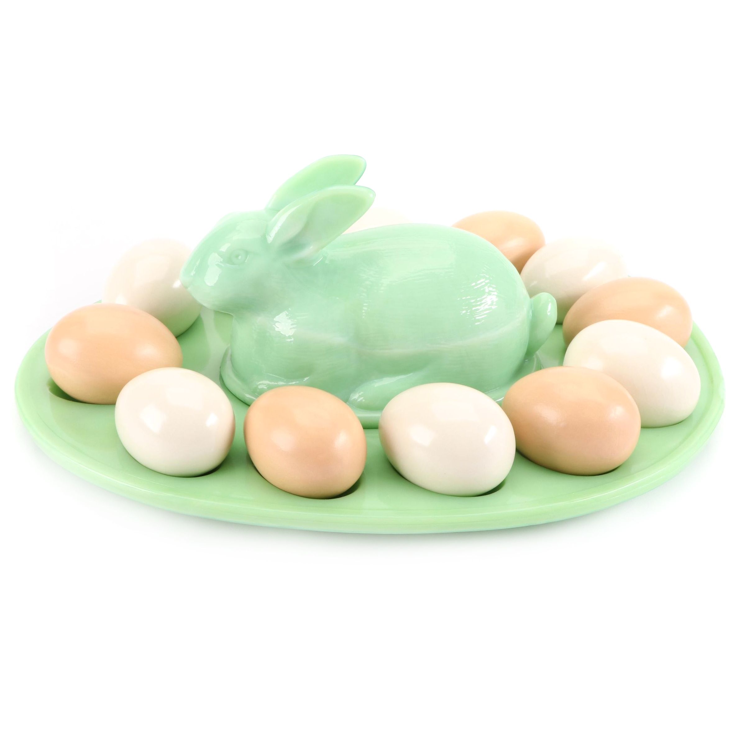 L.E. Smith Jadeite Glass Bunny Deviled Egg Plate with Ceramic Eggs