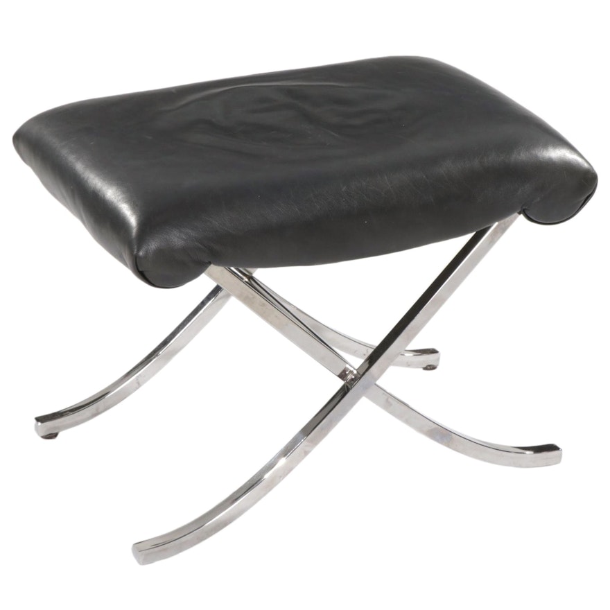 Modern Style Chrome and Bonded Leather Footstool