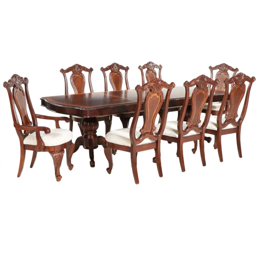Contemporary Rococo Style Mahogany Dining Table with Eight Chairs