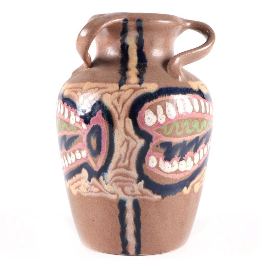 German Art Pottery Three Handle Ceramic Vase, Early to Mid-20th Century