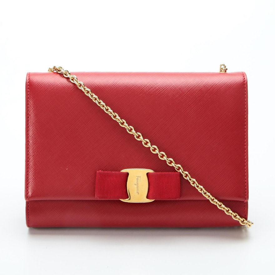 Salvatore Ferragamo Ginny Crossbody Bag in Red Saffiano Leather with Box