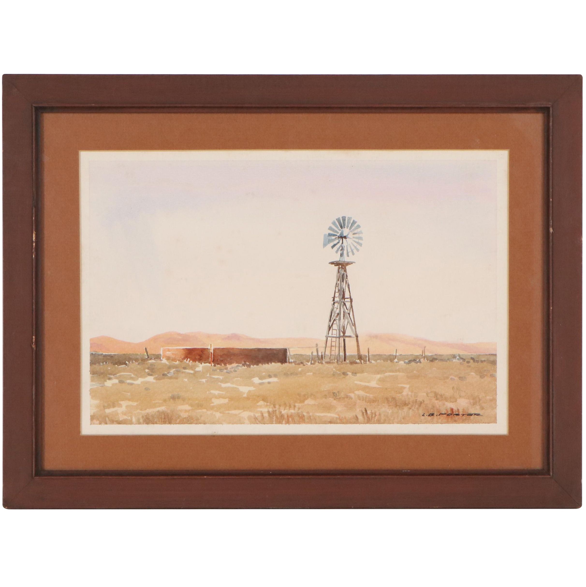 Lawrence Benjamin Porter Watercolor Painting "Windmill & Brown Grass"