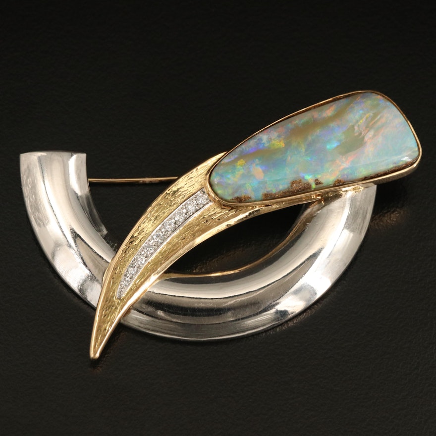 Contemporary 18K and Platinum Boulder Opal and Diamond Brooch with GIA Report