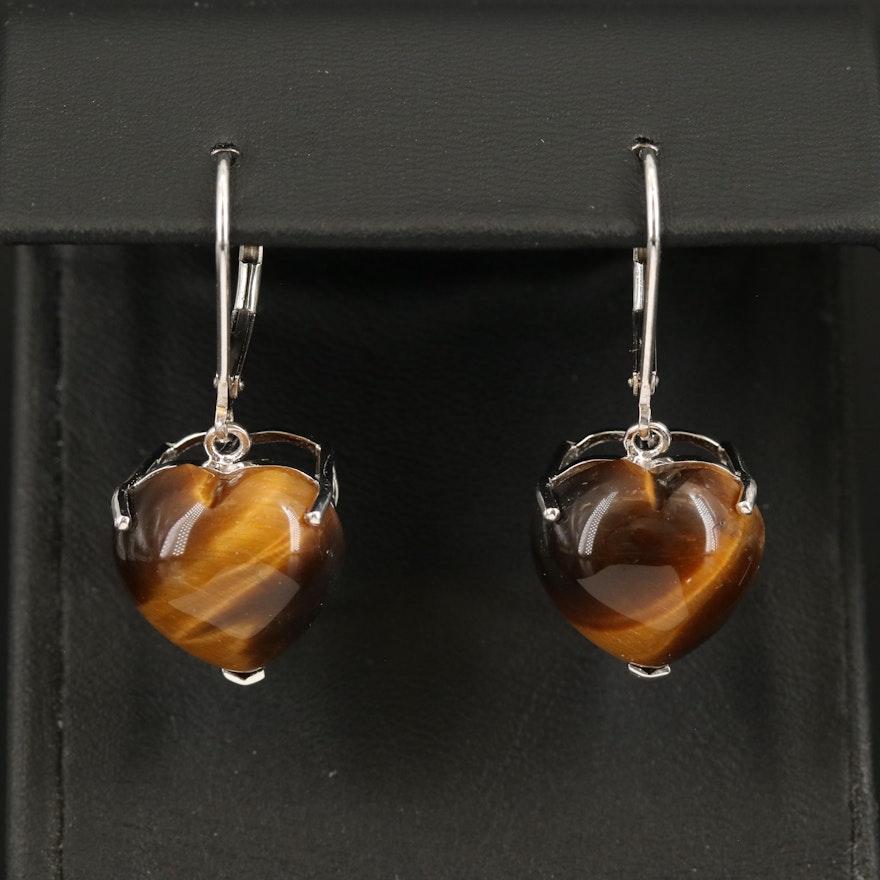 Sterling Tiger's Eye Quartz Heart Earrings