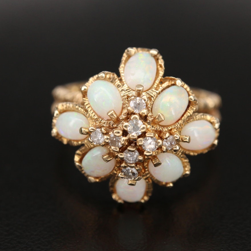 14K Opal and Diamond Ring with Split Shoulders