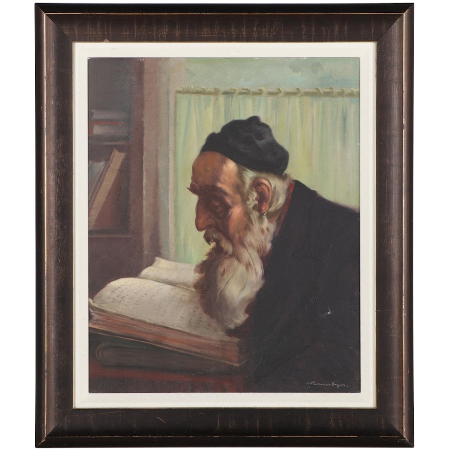 Lajos Polczer Portrait Oil Painting "Rabbi," Mid-20th Century