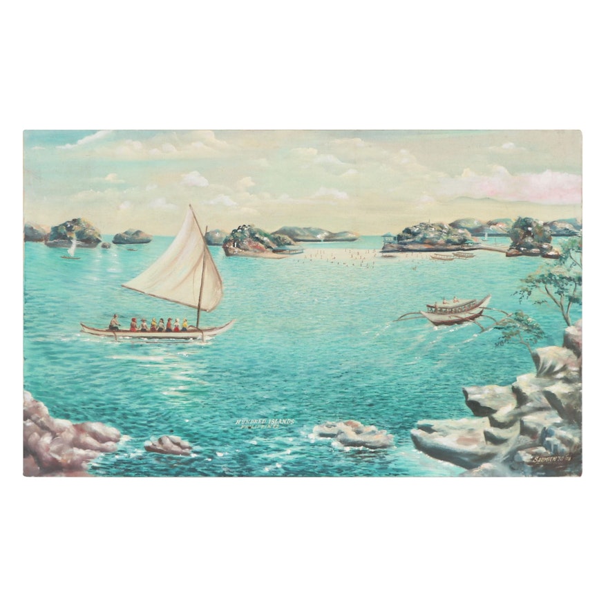Large-Scale Seascape Oil Painting "Hundred Islands: Philippines," 1973