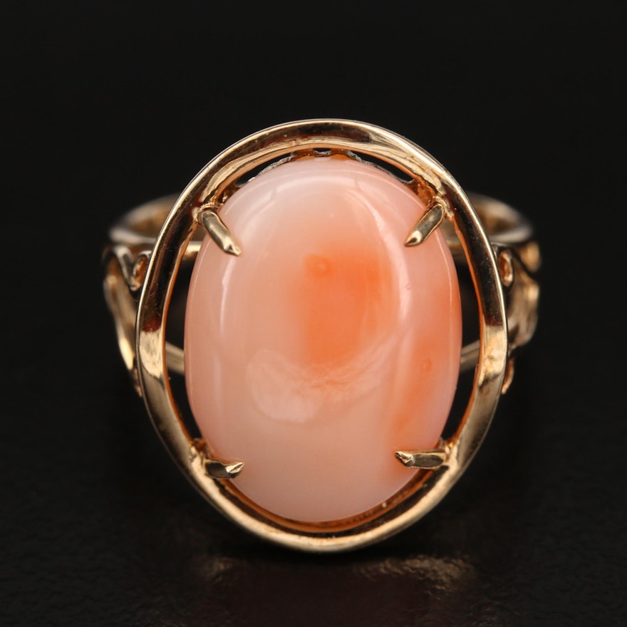 Ben Kho 14K Coral Cabochon Ring with Openwork Shoulders and Gallery