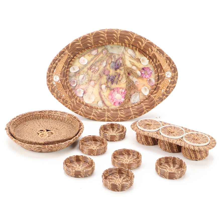 Hand Woven Seagrass and Glass Seashell Tray, Baskets and Condiment Caddy