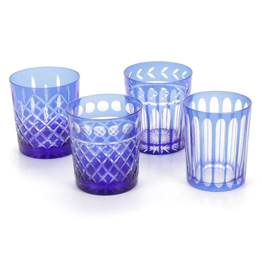 Bohemian Style Cobalt Blue Cut To Clear Old Fashioned Glasses