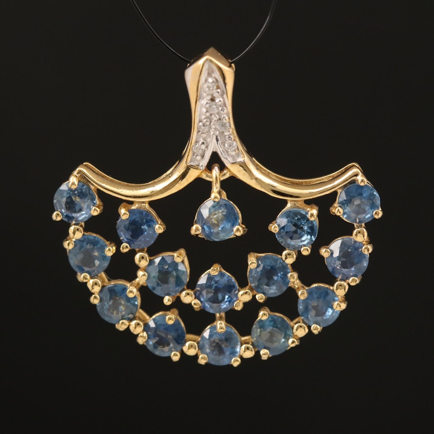 Sterling Sapphire and Zircon Fan Pendant with Center En Tremblant