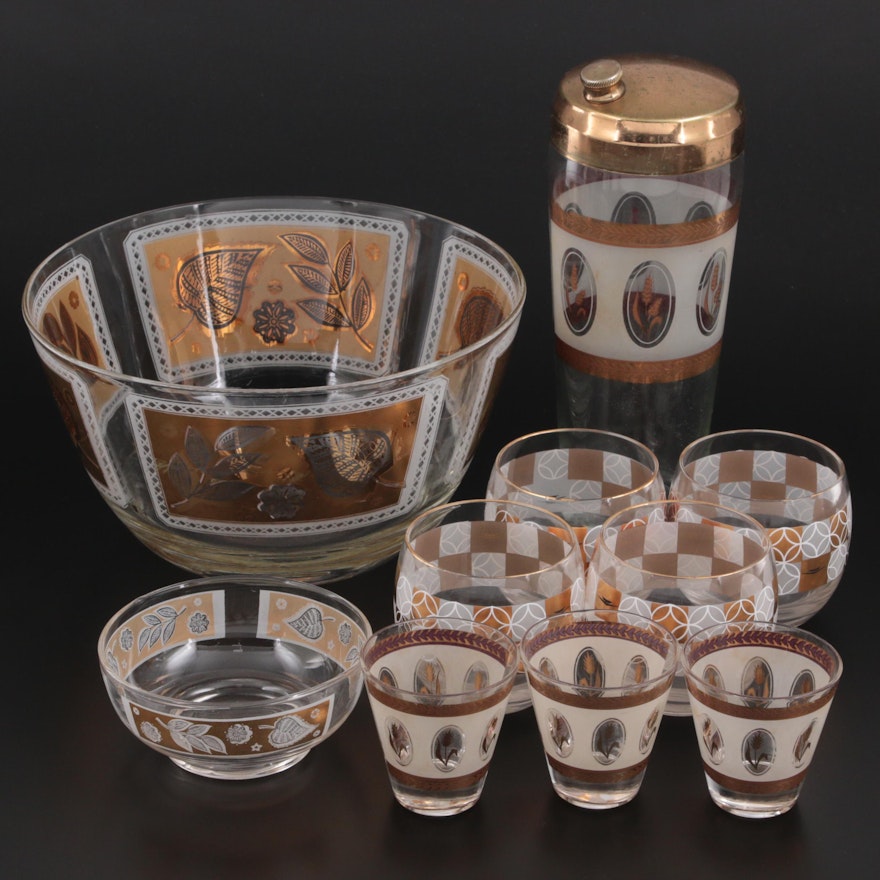Mid-Century Cocktail Glasses, Bowls, and Shaker with Frosted and Gold Motif