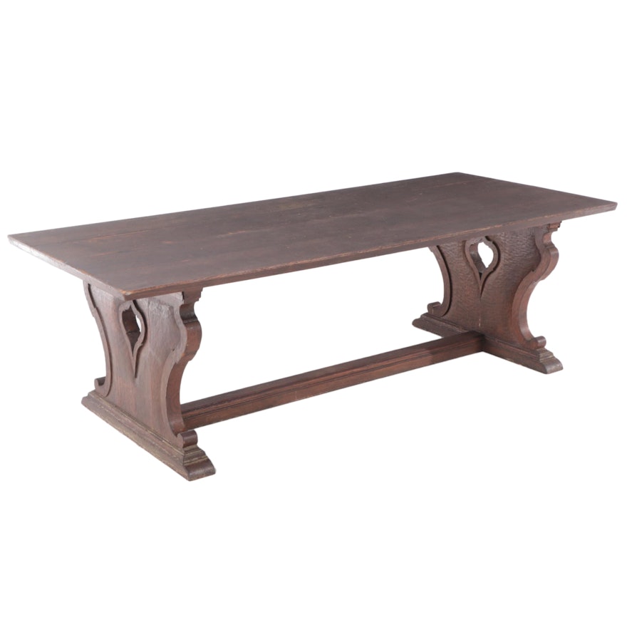 Gothic Revival Quartersawn Oak Trestle-Base Refectory Table