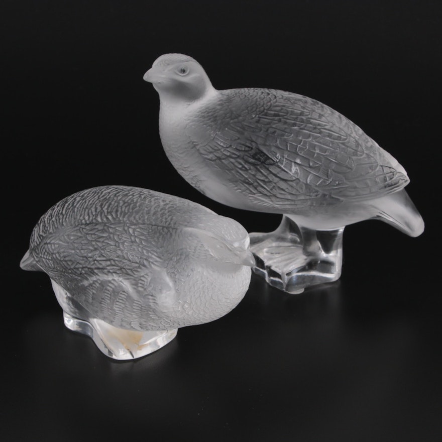 Lalique "Partridge Worry" and "Partridge Squat" Frosted Crystal Figurines