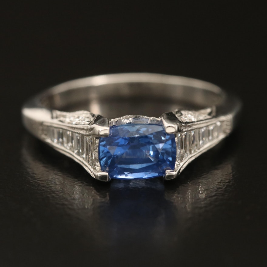 Tacori Platinum 1.37 CT Sapphire and Diamond East-West Ring