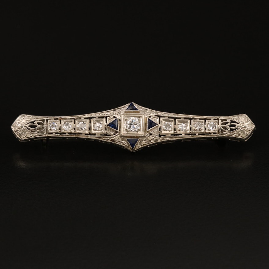 1930s 18K Diamond and Sapphire Bar Brooch