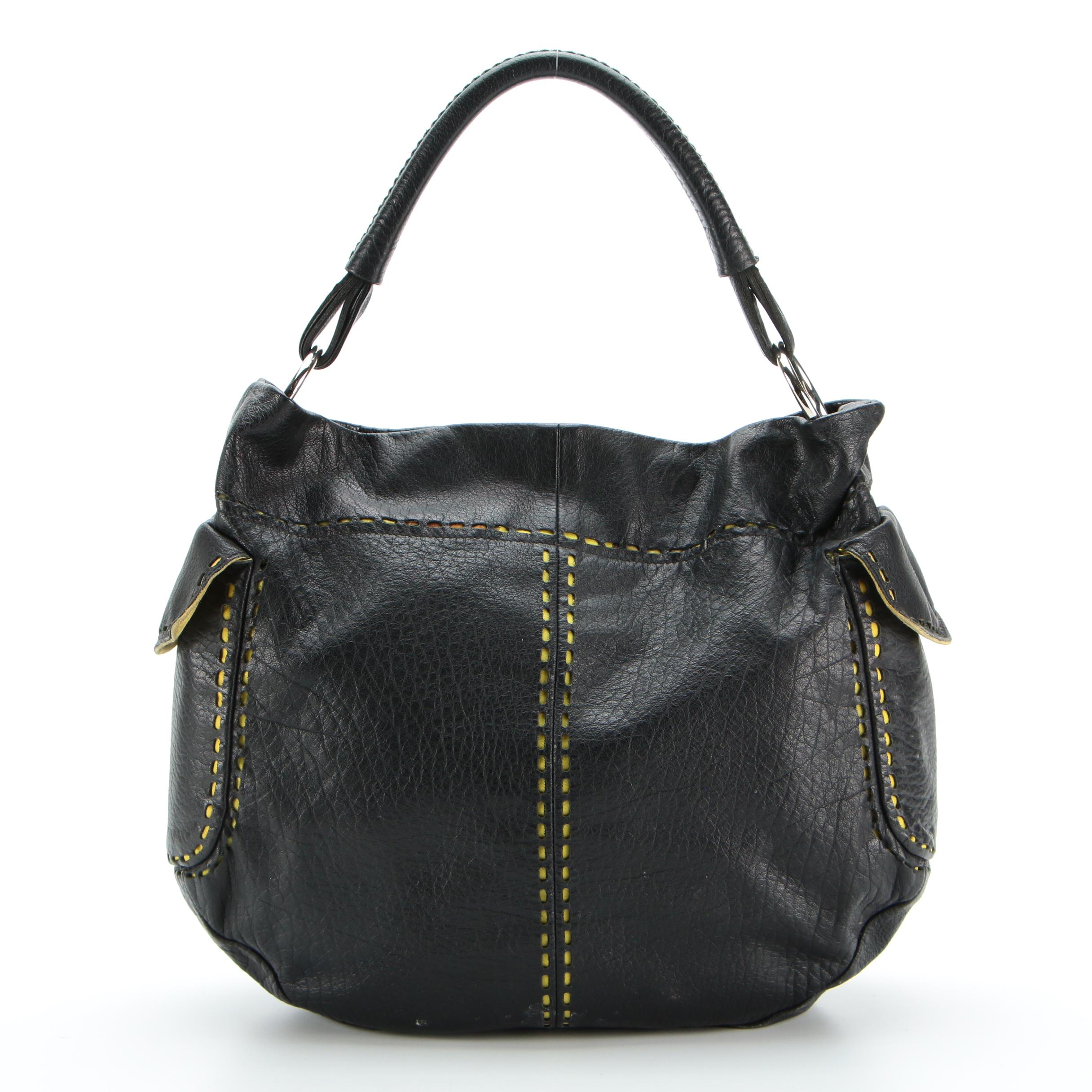 Prada Black Leather and Chartreuse Nylon Cut-Out Snap Shoulder Bag