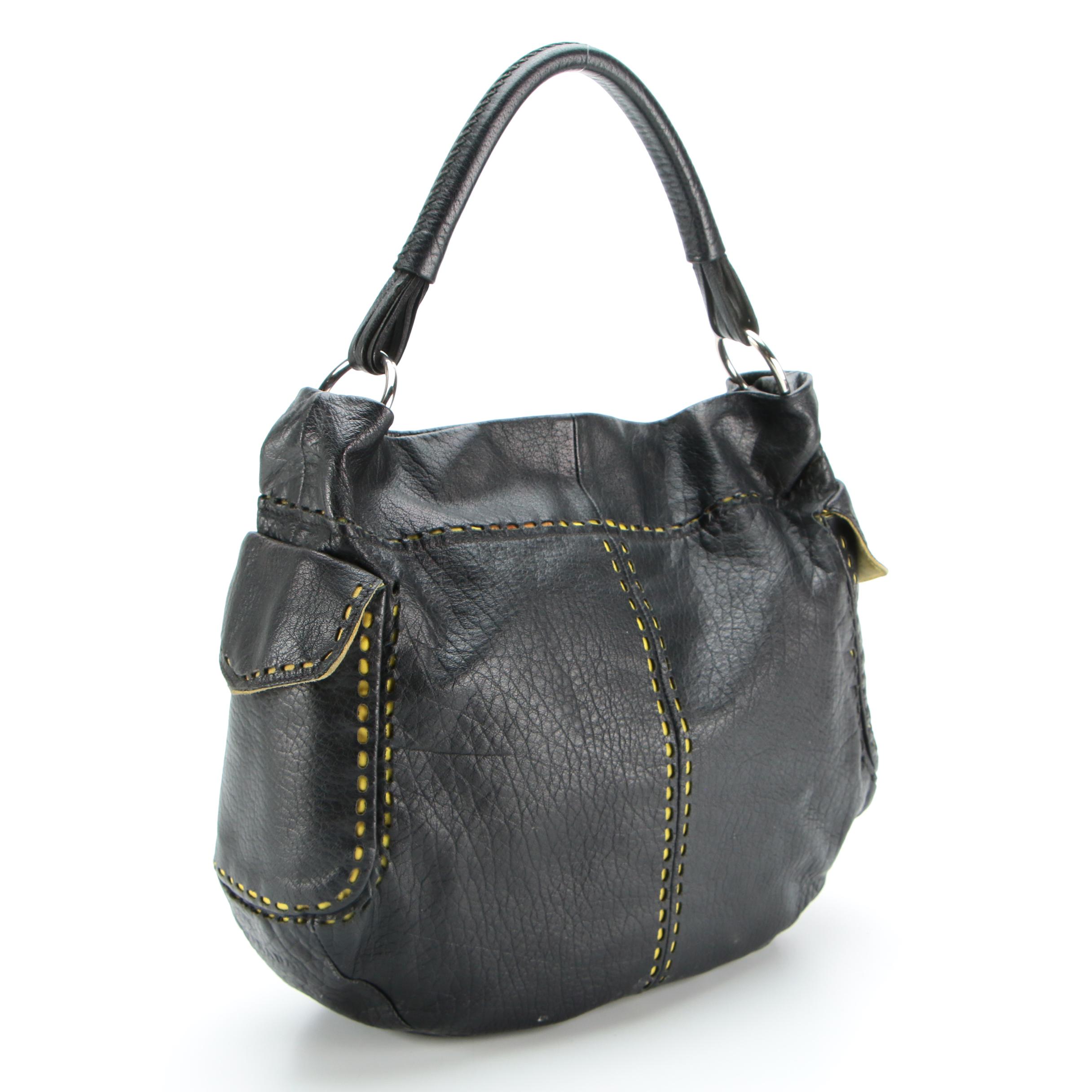 Prada Black Leather and Chartreuse Nylon Cut-Out Snap Shoulder Bag