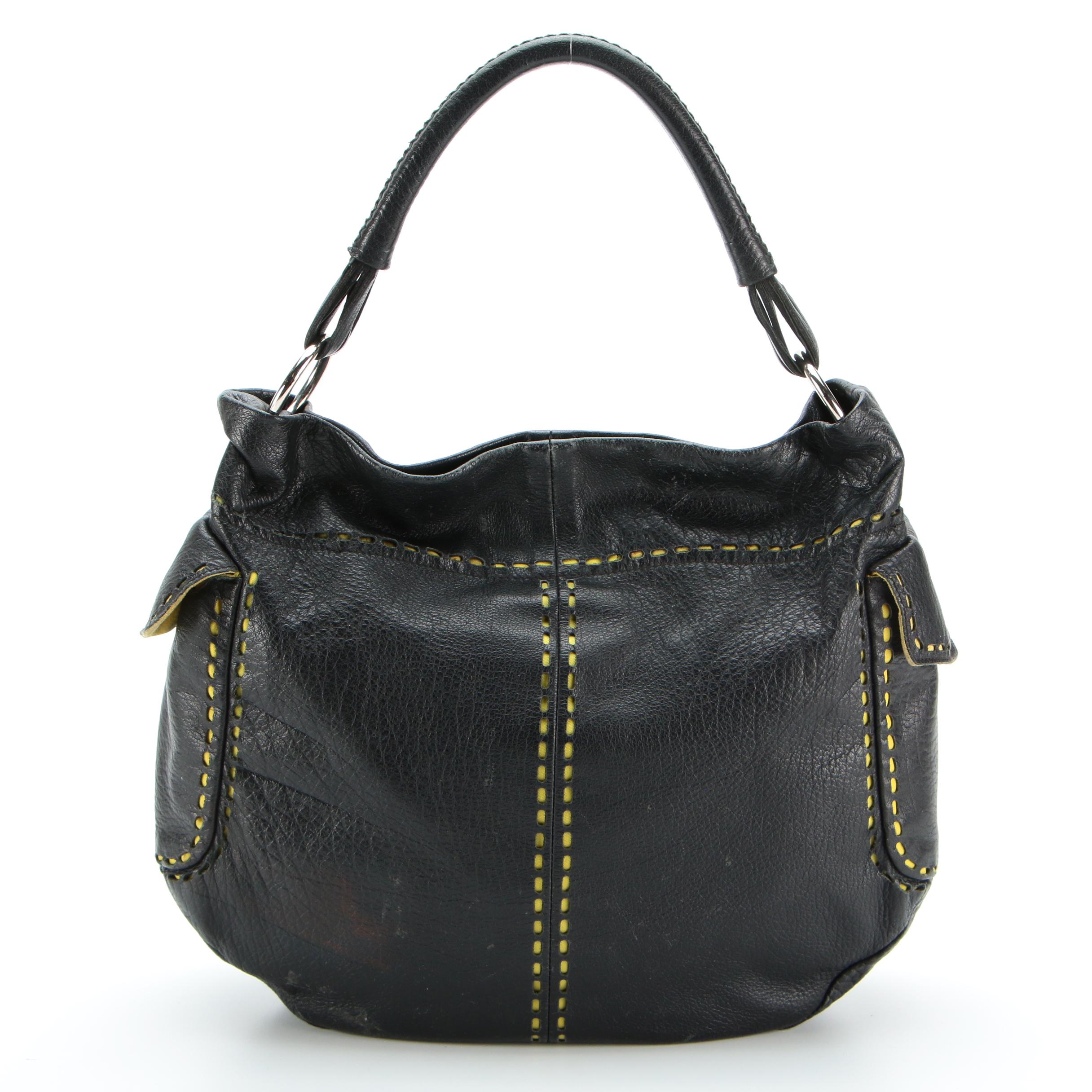 Prada Black Leather and Chartreuse Nylon Cut-Out Snap Shoulder Bag