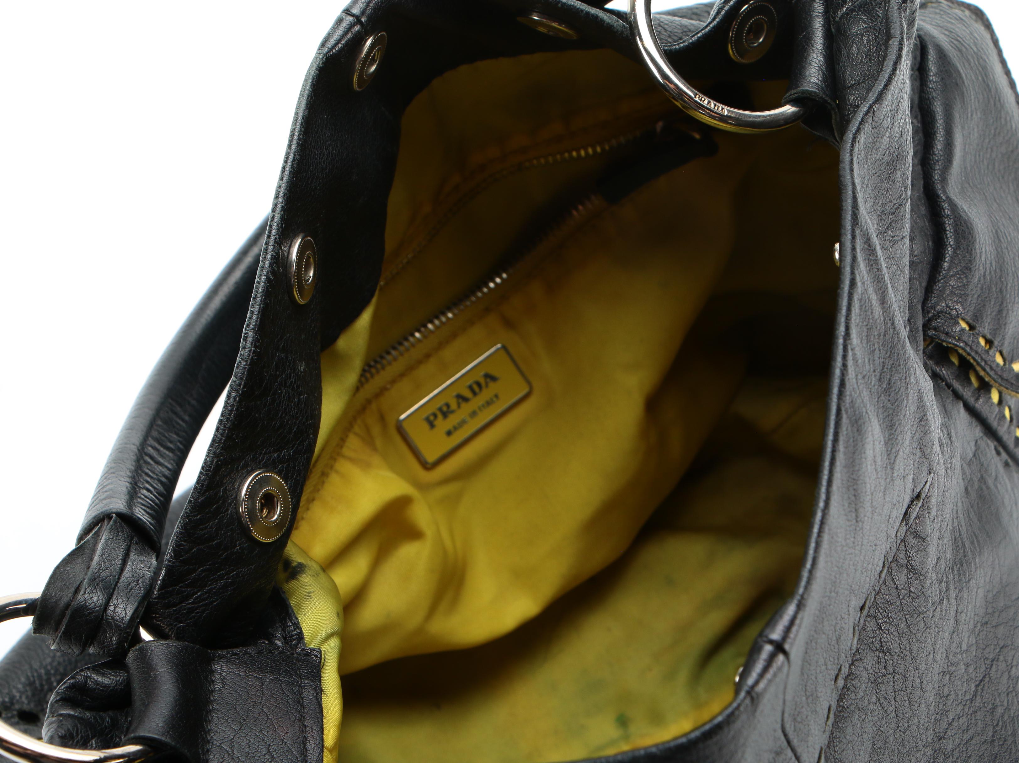 Prada Black Leather and Chartreuse Nylon Cut-Out Snap Shoulder Bag