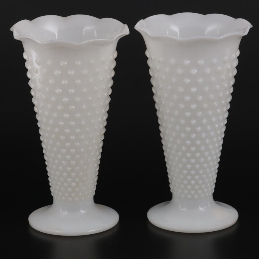 Anchor Hocking Hobnail Milk White Glass Flower Vases, Mid-20th Century