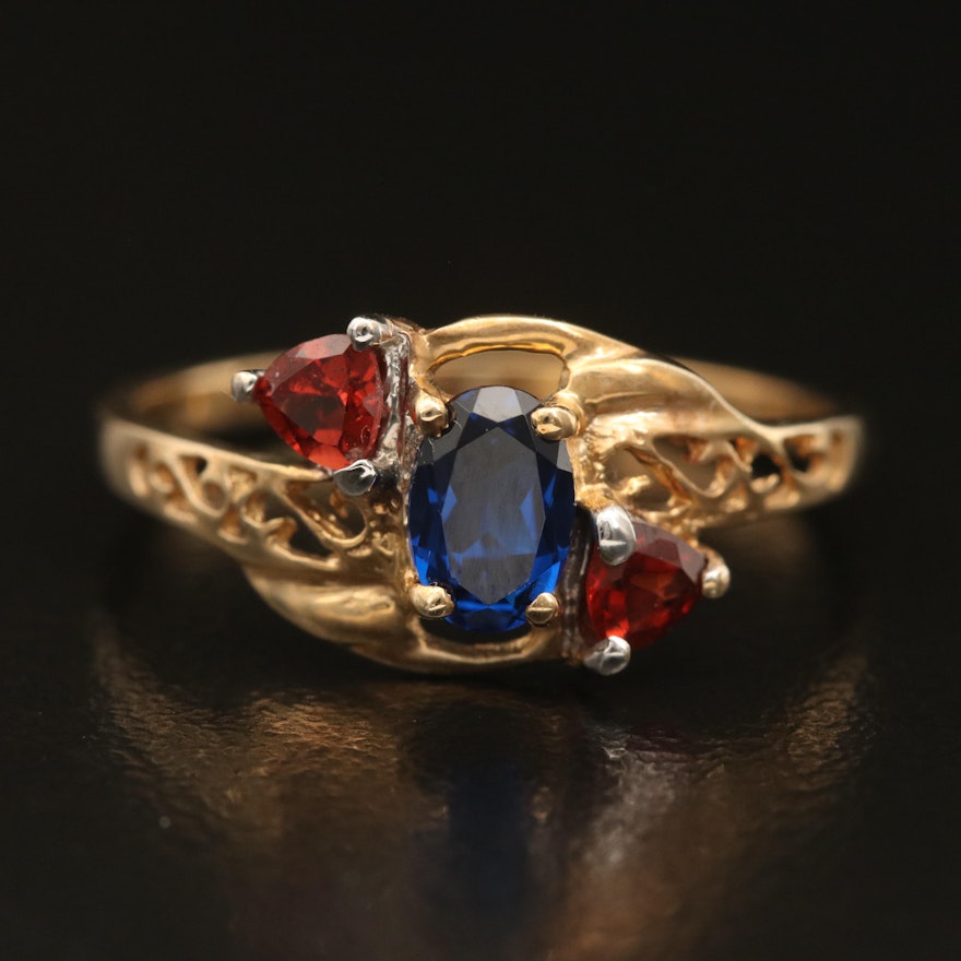 10K Spinel and Garnet Three Stone Ring with Scrollwork Detail