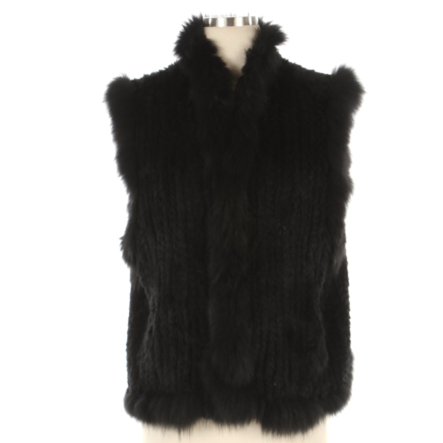 Bella Fare Dyed Black Rabbit Fur Vest with Fox Fur Trim