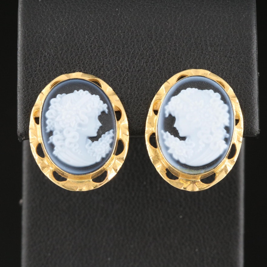 18K Carved Onyx Cameo Earrings
