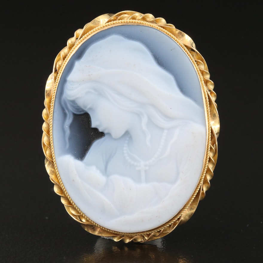 Italian 18K Carved Onyx Mother and Child Cameo Converter Brooch