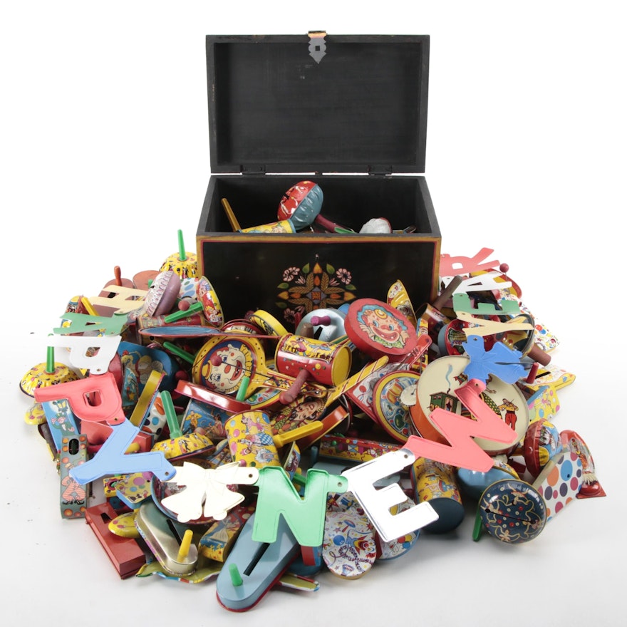 Hand-Painted Wood Chest and Metal Noise Makers, Early to Mid 20th Century