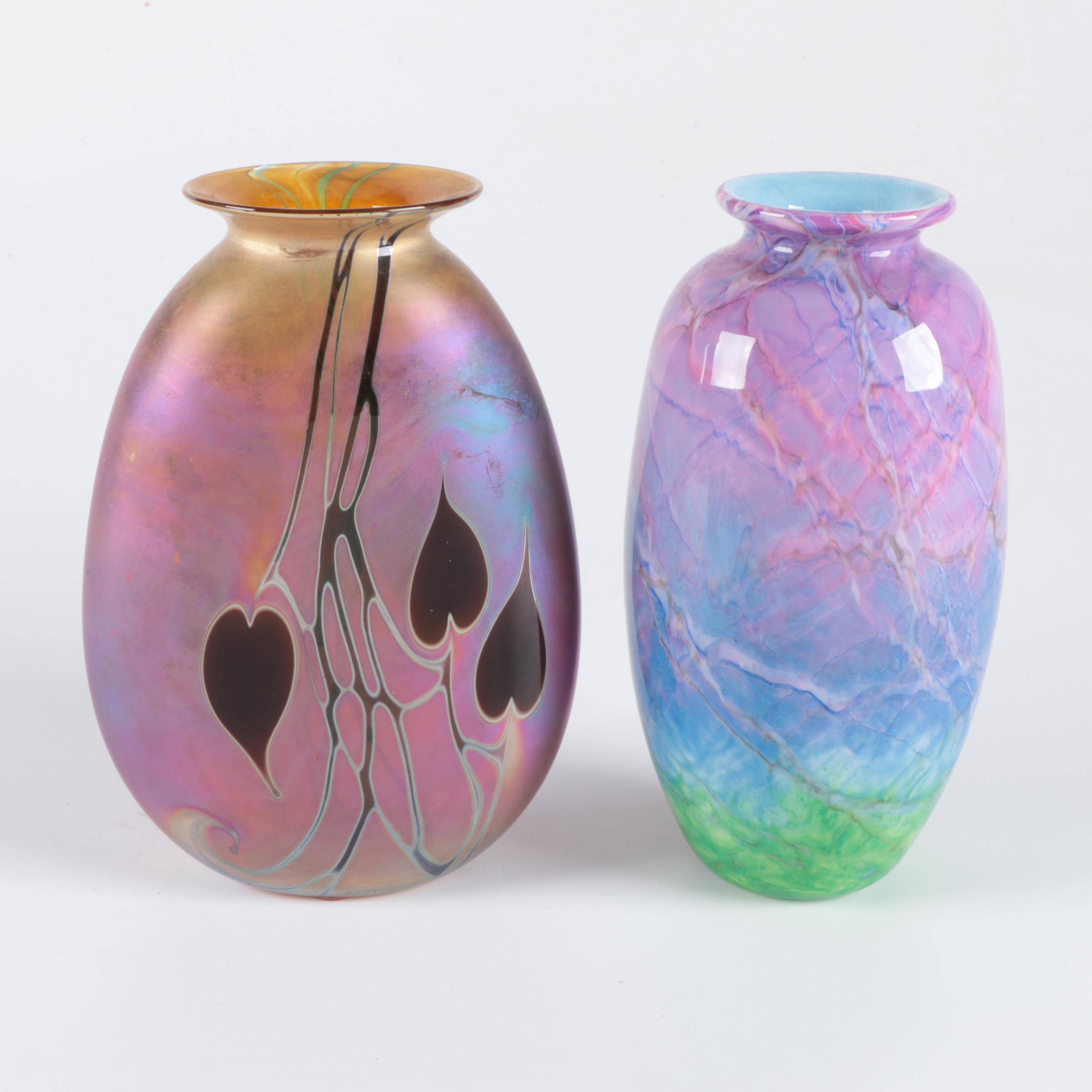 Josh Simpson Floral Art Glass Vase and Other Signed Glass Vases and Paperweights