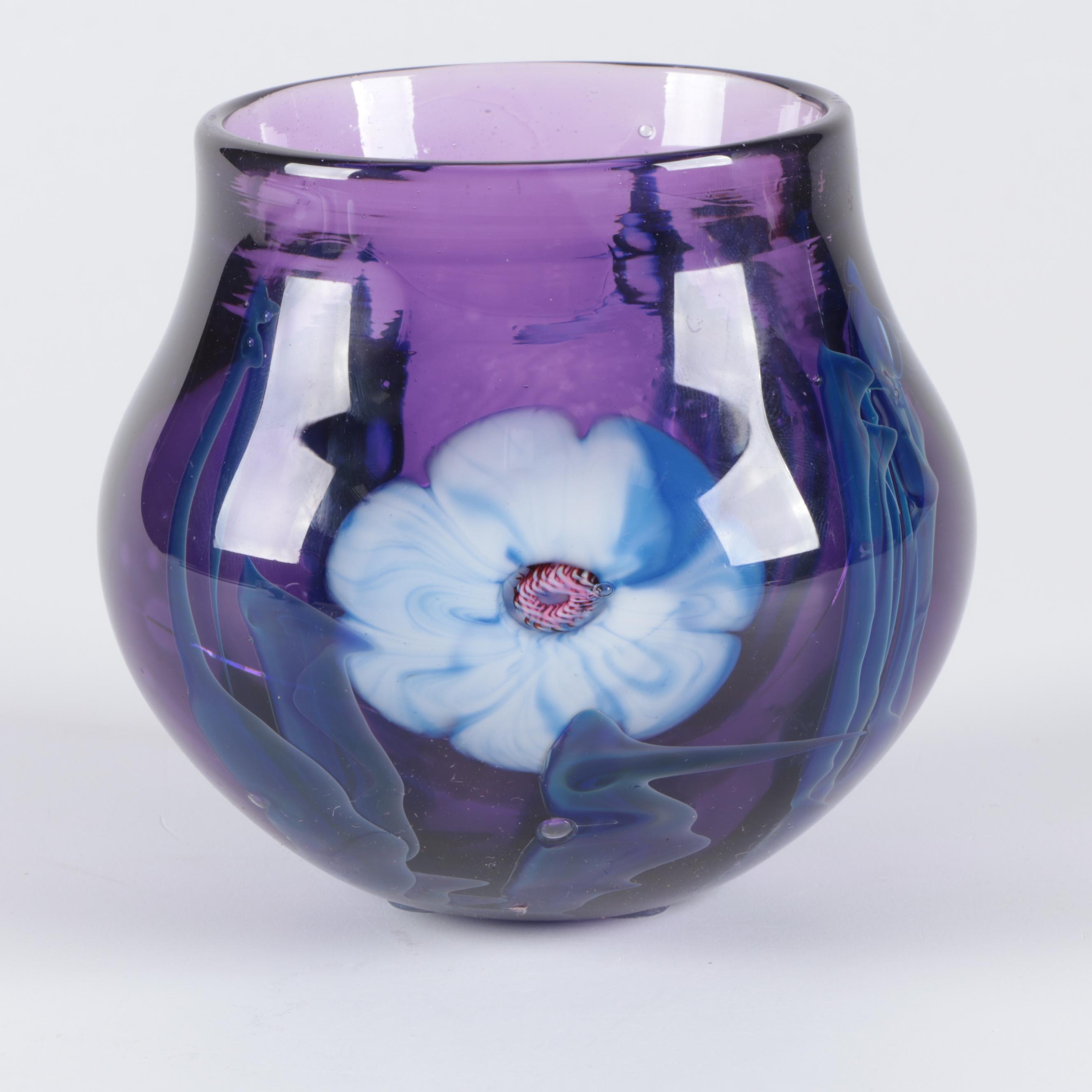 Josh Simpson Floral Art Glass Vase and Other Signed Glass Vases and Paperweights