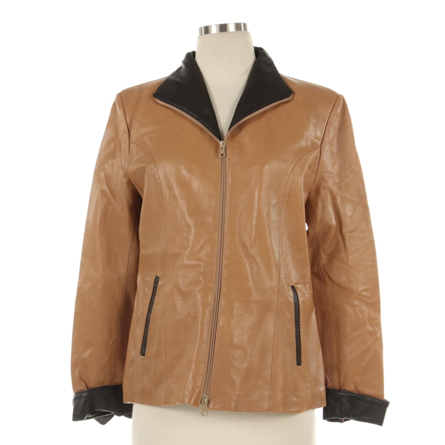 Giotto Italian Tan and Black Leather Zipper-Front Jacket